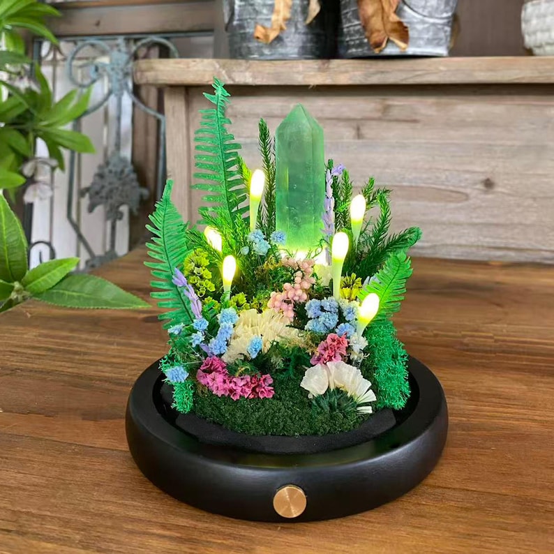 Green Crystal LED Night Light – Handcrafted Wooden Base, USB & Battery Options, 17 cm