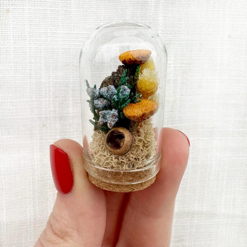 Glass Cloche Terrarium with Real Moss and Orange Dried Flowers, Mini Diorama Jar, 1.75 or 2.75 Inches Tall