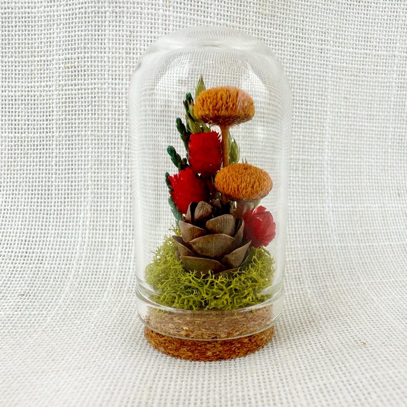 Glass Cloche Terrarium with Real Moss and Orange Dried Flowers, Mini Diorama Jar, 2 Sizes