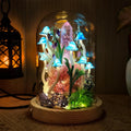 Mushroom Crystal Terrarium Lamp with LED Light, Glass Dome, Wooden Base, 12cm Diameter, 17.5cm Height, Battery or USB Powered