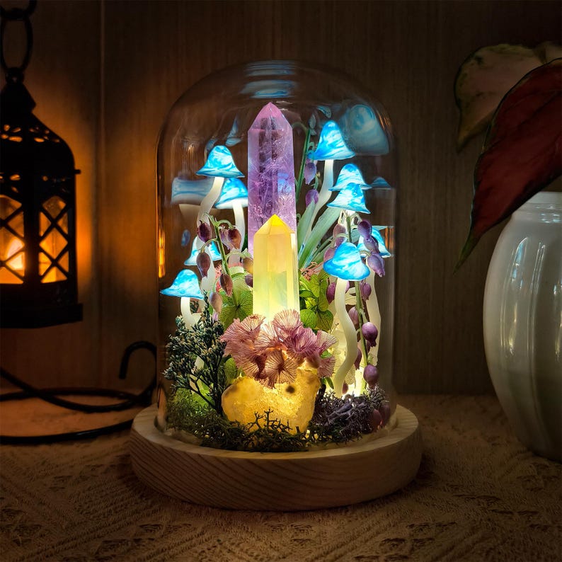Mushroom Crystal Terrarium Lamp with LED Light, Glass Dome, Wooden Base, 12cm Diameter, 17.5cm Height, Battery or USB Powered
