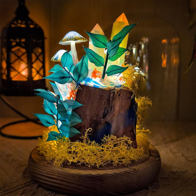 LED Mushroom & Crystal Cloche Night Light, Glass Dome Terrarium Lamp, Wooden Base, 12cm Diameter, 17.5cm Height