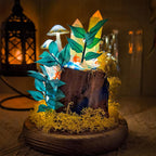LED Mushroom & Crystal Cloche Night Light, Glass Dome Terrarium Lamp, Wooden Base, 12cm Diameter, 17.5cm Height
