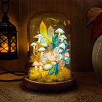 LED Mushroom & Crystal Cloche Night Light, Glass Dome Terrarium Lamp, Wooden Base, 12cm Diameter, 17.5cm Height