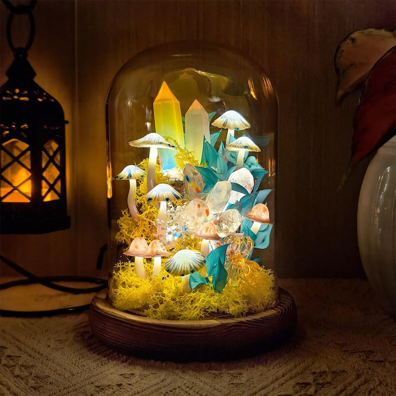 LED Mushroom & Crystal Cloche Night Light, Glass Dome Terrarium Lamp, Wooden Base, 12cm Diameter, 17.5cm Height
