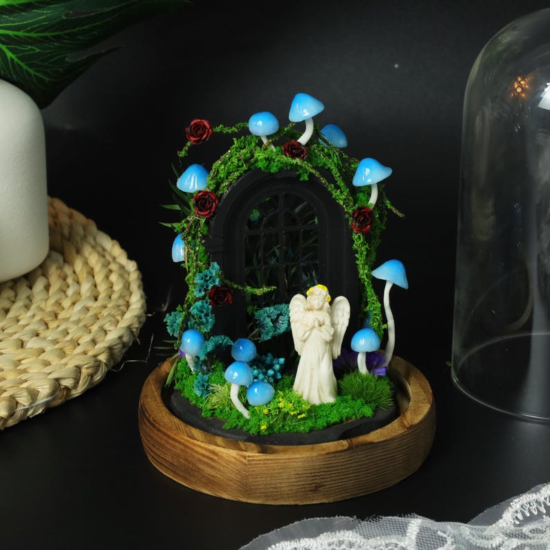 Blue Mushroom Night Light with Praying Angel, Gothic Forest Arch Design, Wood Glass Clay, 4.33x4.33x6.49 in