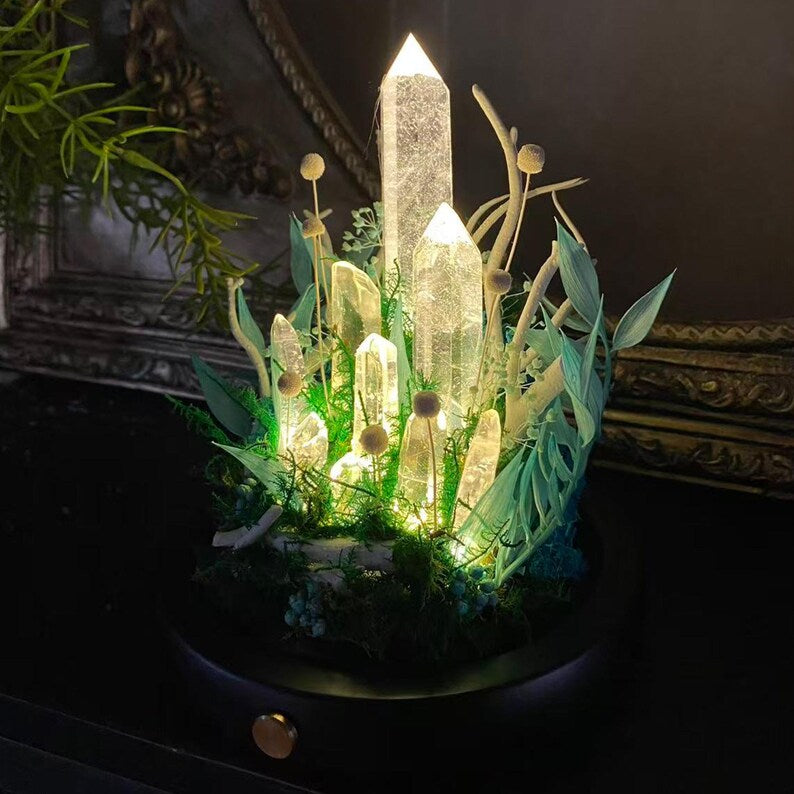 Crystal Night Light with Wooden Base, Blue Glow Fairy Tale Lamp, USB or Battery Powered, 17 cm Height
