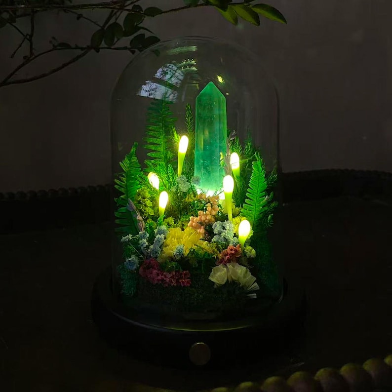 Green Crystal LED Night Light – Handcrafted Wooden Base, USB & Battery Options, 17 cm