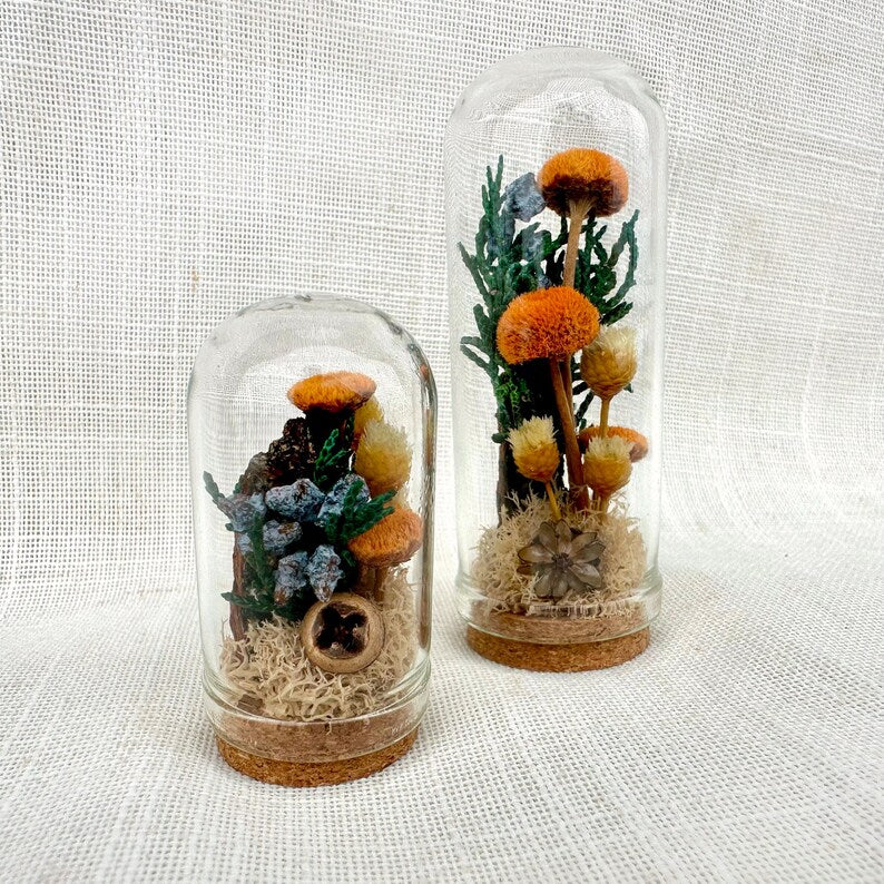 Glass Cloche Terrarium with Real Moss and Orange Dried Flowers, Mini Diorama Jar, 1.75 or 2.75 Inches Tall