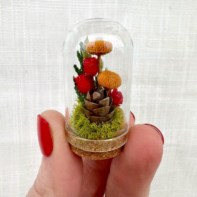 Glass Cloche Terrarium with Real Moss and Orange Dried Flowers, Mini Diorama Jar, 2 Sizes