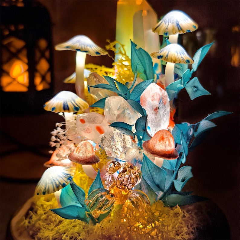 LED Mushroom & Crystal Cloche Night Light, Glass Dome Terrarium Lamp, Wooden Base, 12cm Diameter, 17.5cm Height
