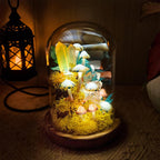 LED Mushroom & Crystal Cloche Night Light, Glass Dome Terrarium Lamp, Wooden Base, 12cm Diameter, 17.5cm Height