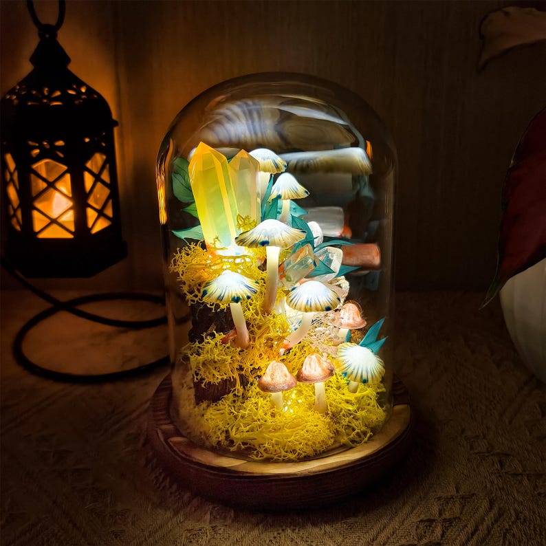 LED Mushroom & Crystal Cloche Night Light, Glass Dome Terrarium Lamp, Wooden Base, 12cm Diameter, 17.5cm Height