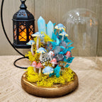 LED Mushroom & Crystal Cloche Night Light, Glass Dome Terrarium Lamp, Wooden Base, 12cm Diameter, 17.5cm Height
