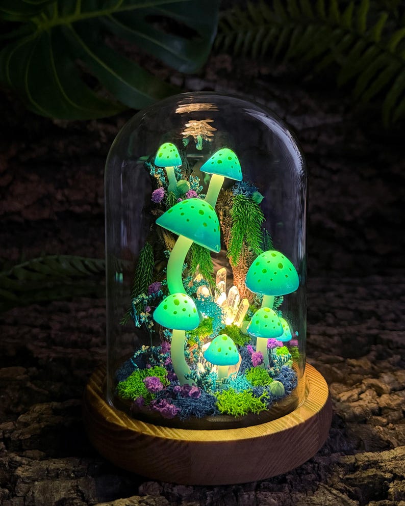 Blue-Green Mushroom Night Light with Glowing Crystal, Wooden Base & Glass Dome, Fairycore Decor, Standard 4.7 x 4.7 x 6.7 in