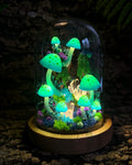 Blue-Green Mushroom Night Light with Glowing Crystal, Wooden Base & Glass Dome, Fairycore Decor, Standard 4.7 x 4.7 x 6.7 in