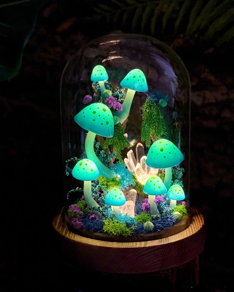 Blue-Green Mushroom Night Light with Glowing Crystal, Wooden Base & Glass Dome, Fairycore Decor, Standard 4.7 x 4.7 x 6.7 in