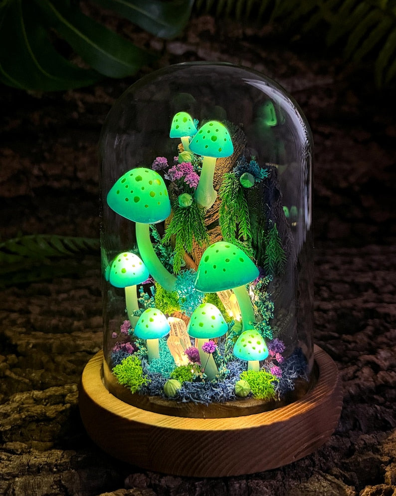 Blue-Green Mushroom Night Light with Glowing Crystal, Wooden Base & Glass Dome, Fairycore Decor, Standard 4.7 x 4.7 x 6.7 in