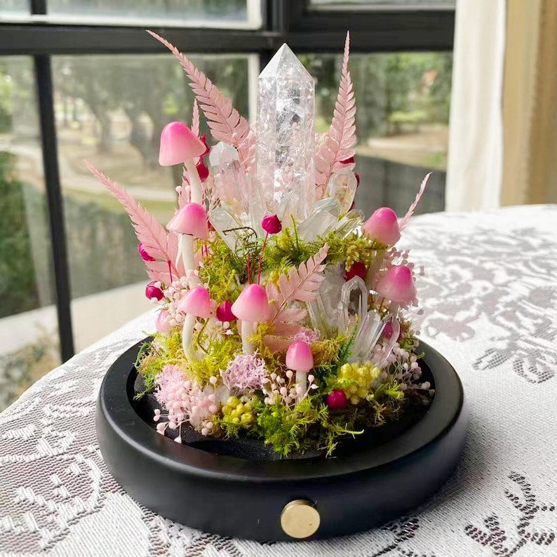 Crystal Mushroom Night Light with Wooden Base, Pink Glass Table Lamp, USB or Battery Powered, 17 cm