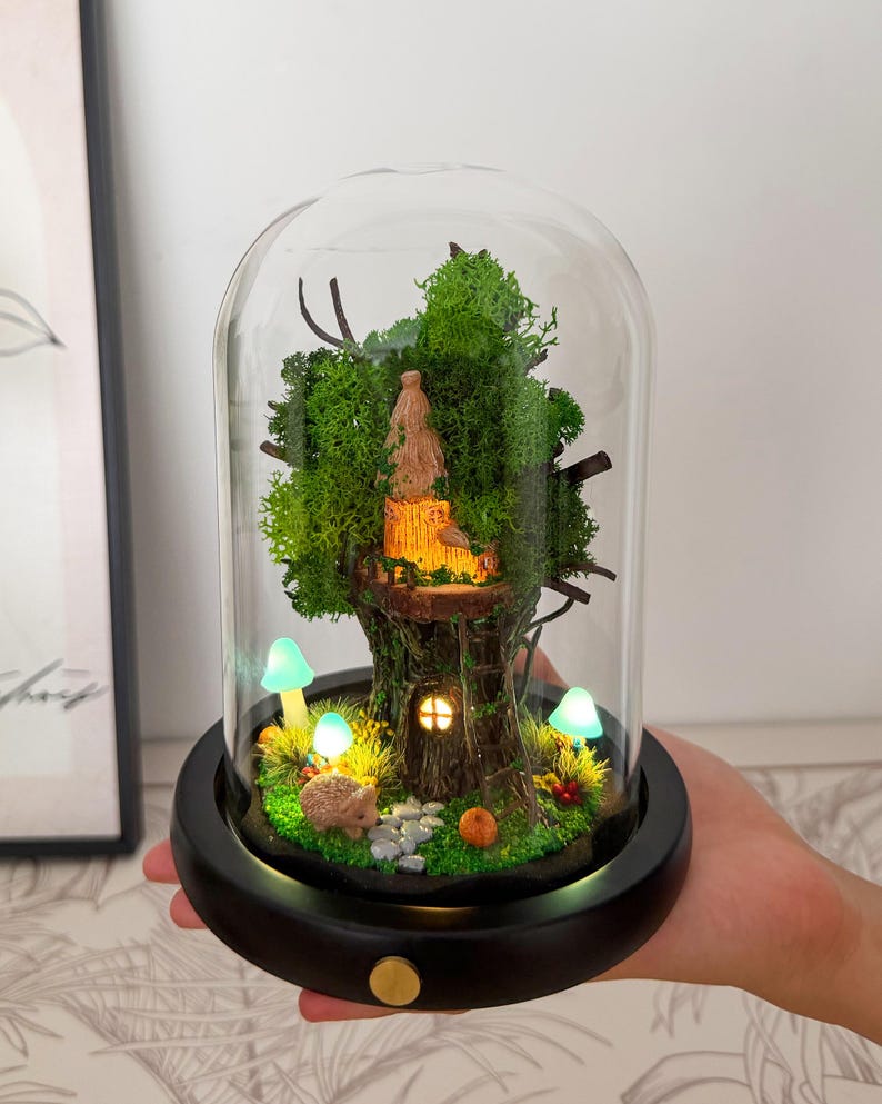 Treehouse Mushroom Lamp Wooden Base LED Night Light with Acrylic or Glass Dome