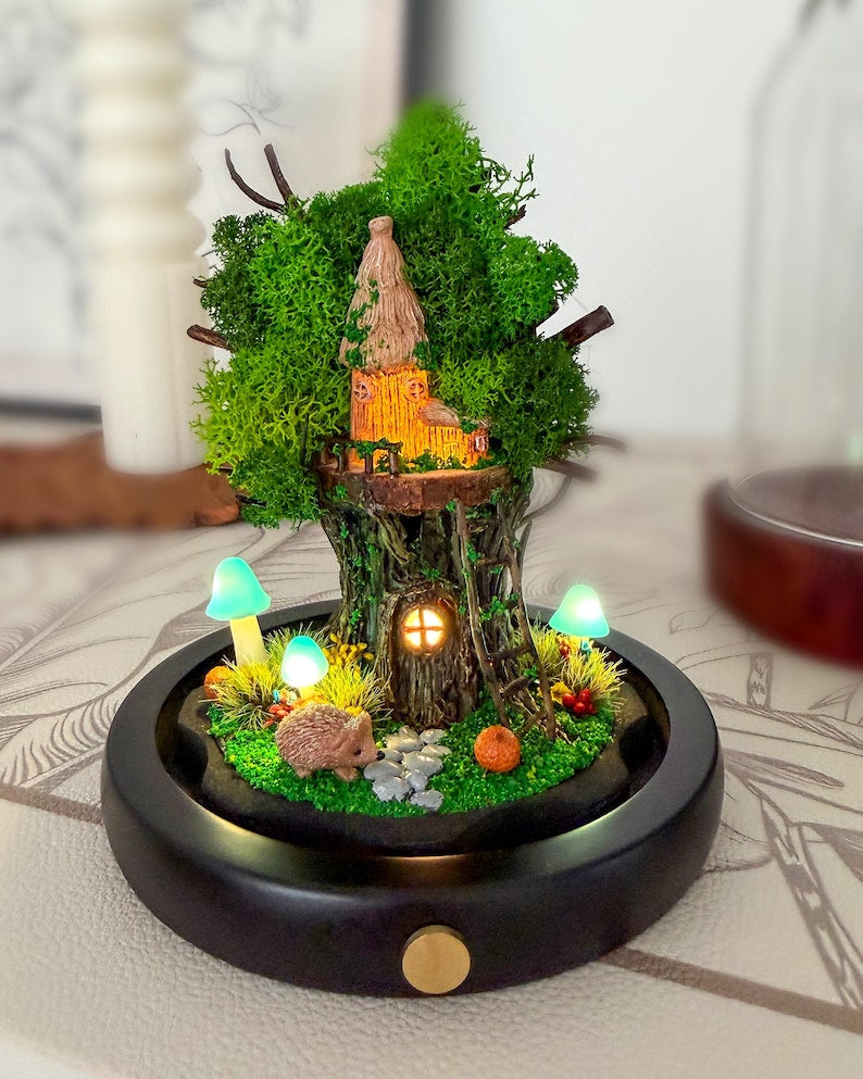 Treehouse Mushroom Lamp Wooden Base LED Night Light with Acrylic or Glass Dome