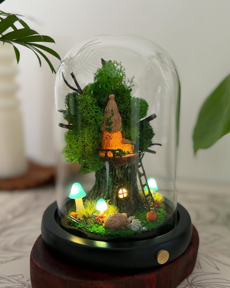 Treehouse Mushroom Lamp Wooden Base LED Night Light with Acrylic or Glass Dome