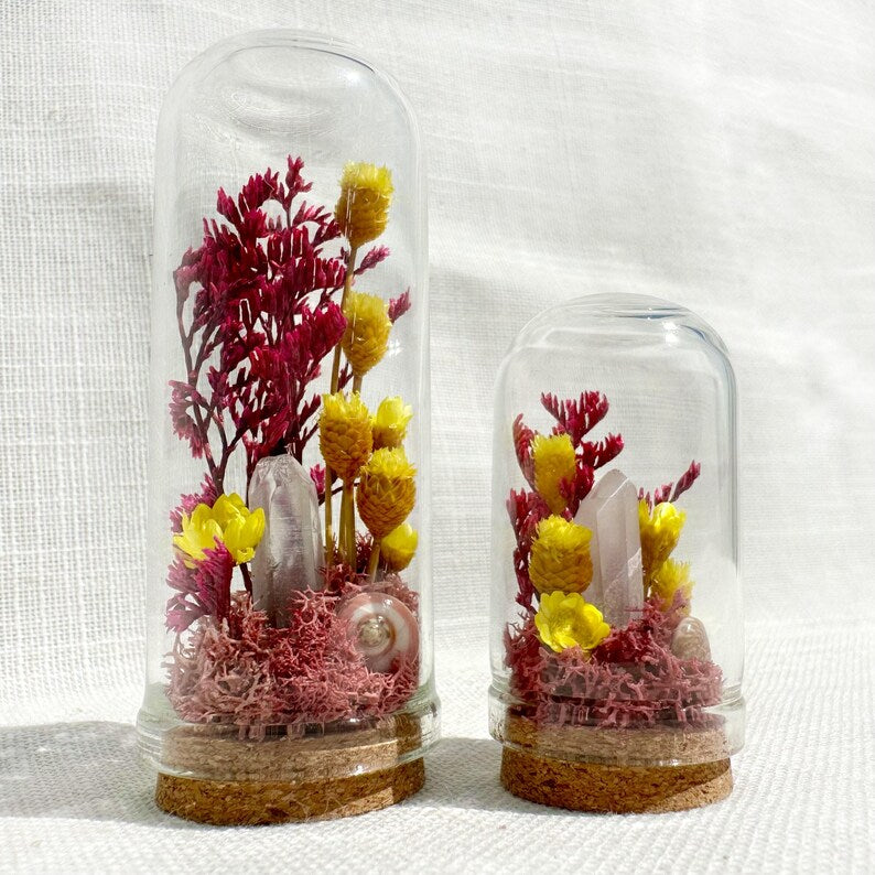 Glass Terrarium with Dried Florals, Mosses & Quartz Crystal - 2 Sizes
