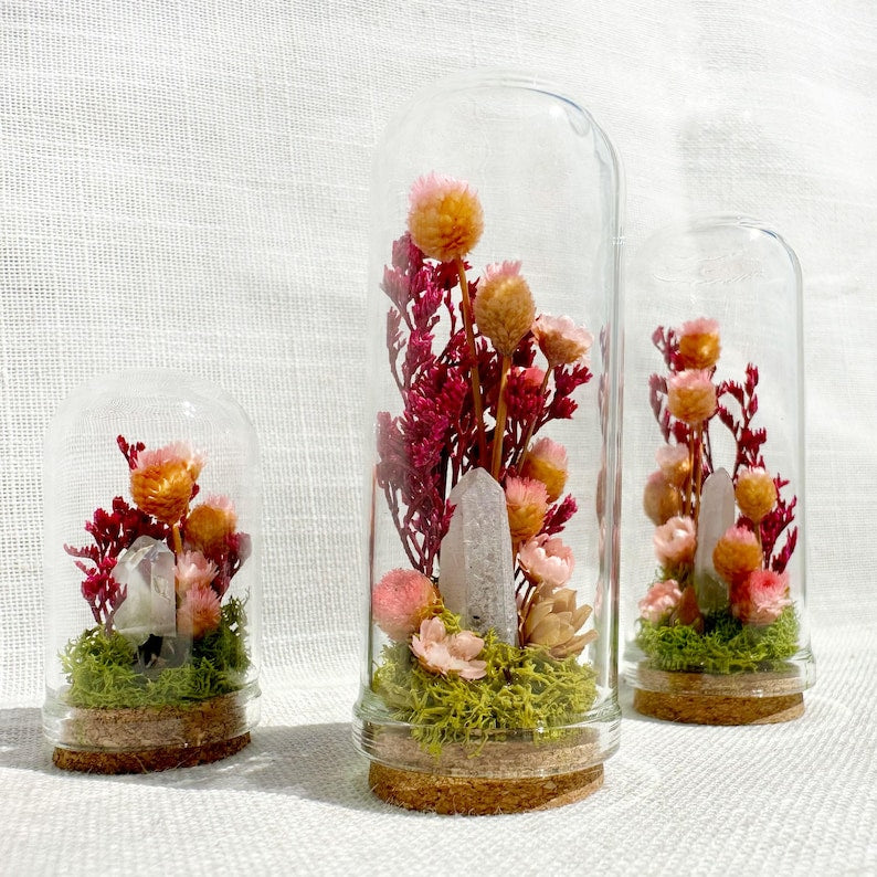Glass Terrarium Diorama with Dried Florals and Quartz Crystal, Miniature Fairy Garden Desk Decor, 1.75 in and 2.75 in