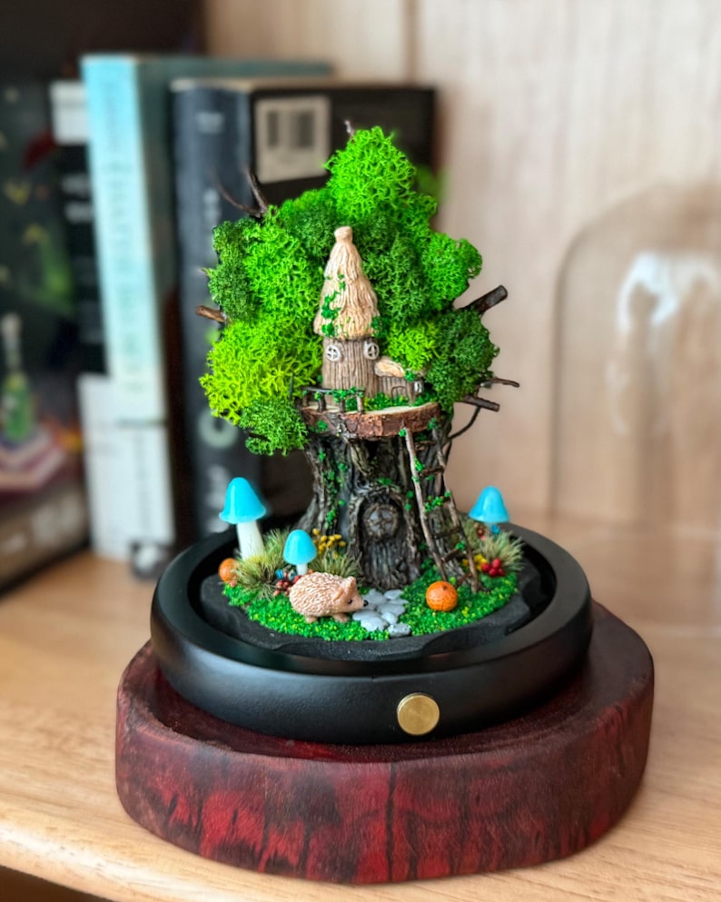 Treehouse Mushroom Lamp Wooden Base LED Night Light with Acrylic or Glass Dome