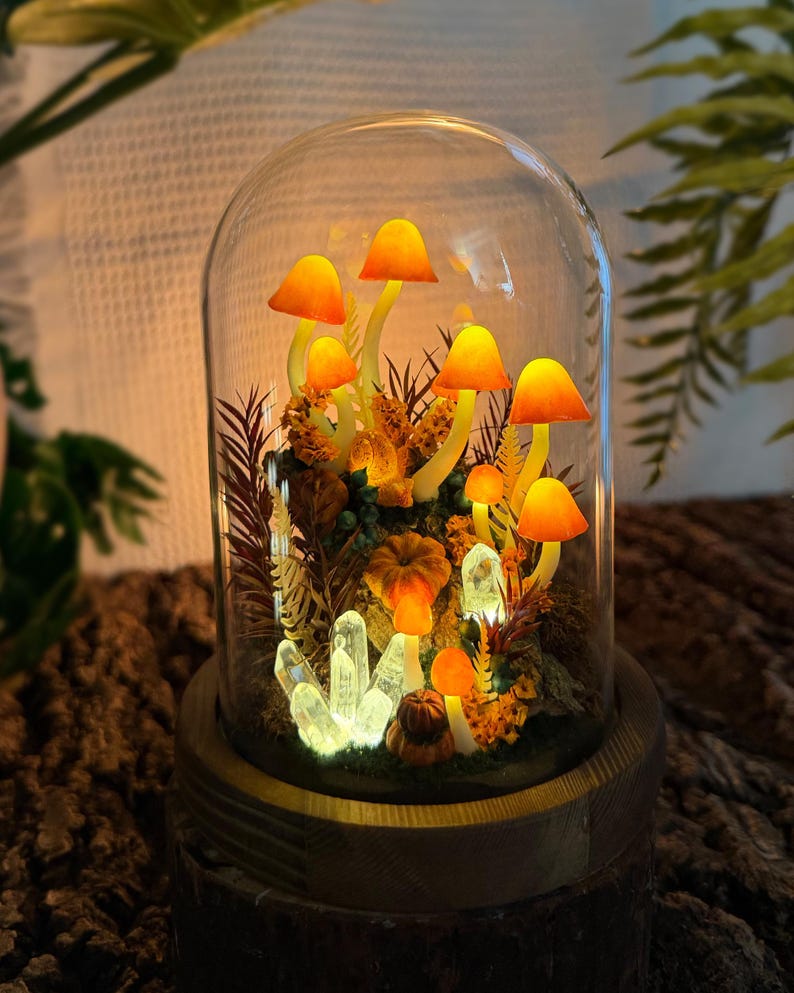 Mushroom Night Light with Glowing Crystals, Glass Dome & Wooden Base, Autumn Fairy Lamp, 4.7x4.7x6.7 in