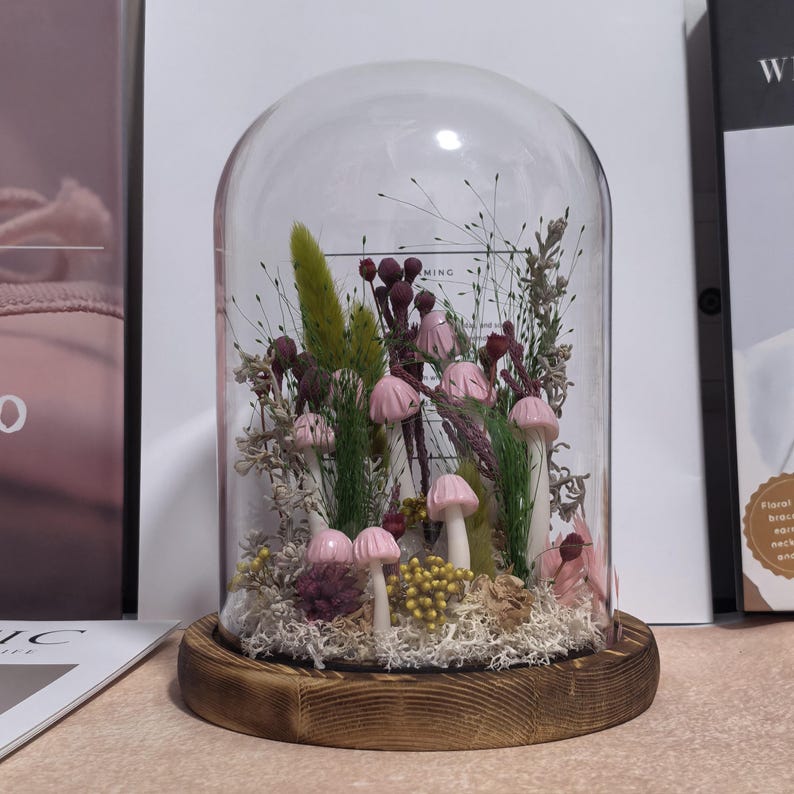Mushroom Glass Dome Lamp – Handcrafted Forest Night Light, Pink, Small (3.94 x 3.94 x 6.3 in)
