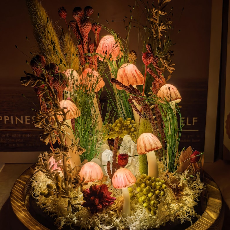 Mushroom Glass Dome Lamp – Handcrafted Forest Night Light, Pink, Small (3.94 x 3.94 x 6.3 in)