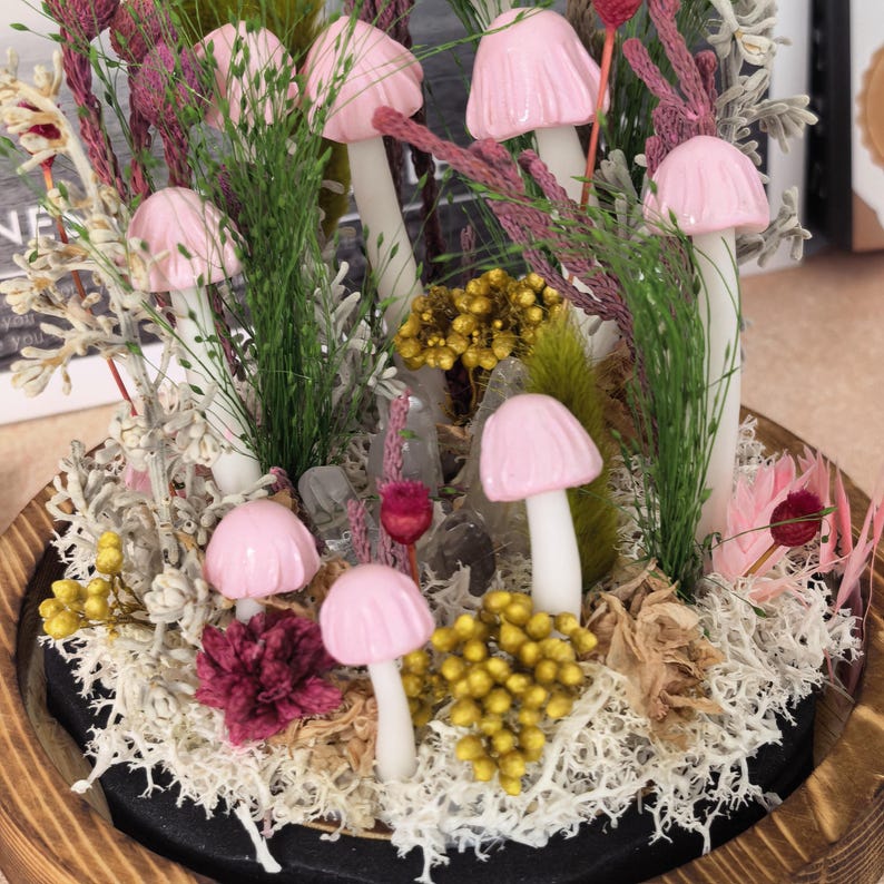 Mushroom Glass Dome Lamp – Handcrafted Forest Night Light, Pink, Small (3.94 x 3.94 x 6.3 in)