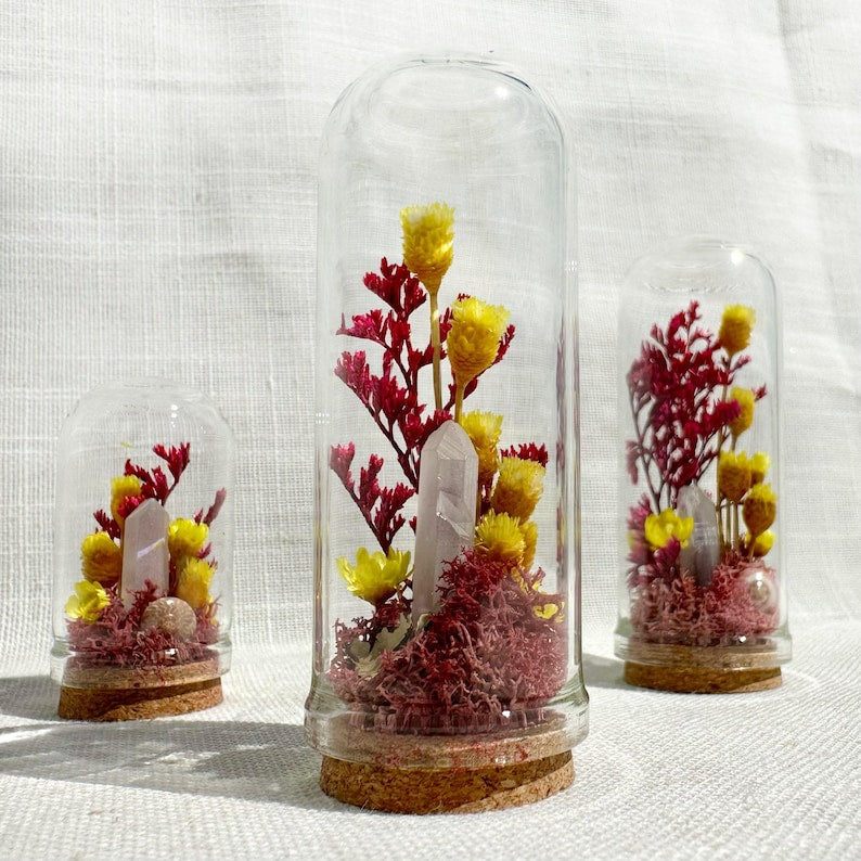 Glass Terrarium with Dried Florals, Mosses & Quartz Crystal - 2 Sizes