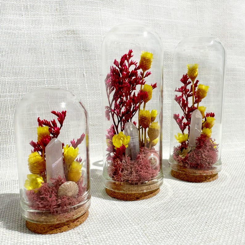 Glass Terrarium with Dried Florals, Mosses & Quartz Crystal - 2 Sizes