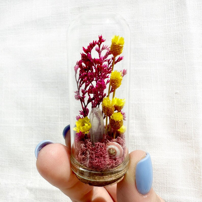 Glass Terrarium with Dried Florals, Mosses & Quartz Crystal - 2 Sizes