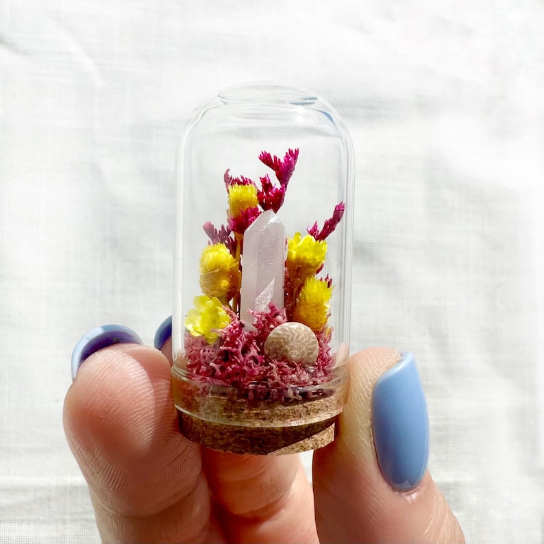 Glass Terrarium with Dried Florals, Mosses & Quartz Crystal - 2 Sizes