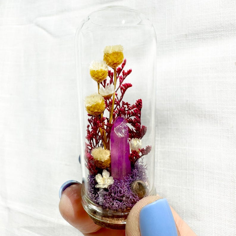 Crystal Terrarium Diorama with Dried Florals, Glass & Cork Jar, Desk Decor, 1.75" and 2.75" Sizes