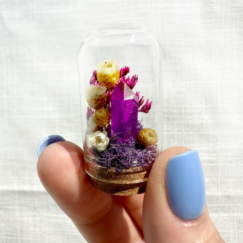 Crystal Terrarium Diorama with Dried Florals, Glass & Cork Jar, Desk Decor, 1.75" and 2.75" Sizes