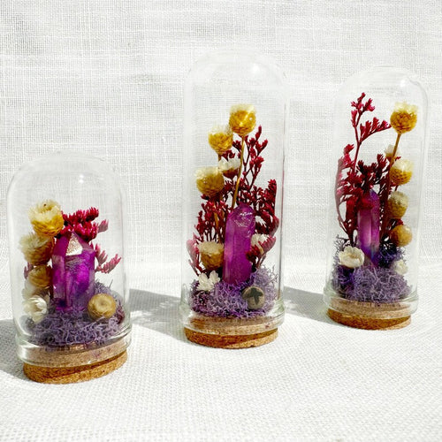 Crystal Terrarium Diorama with Dried Florals, Glass & Cork Jar, Desk Decor, 1.75" and 2.75" Sizes