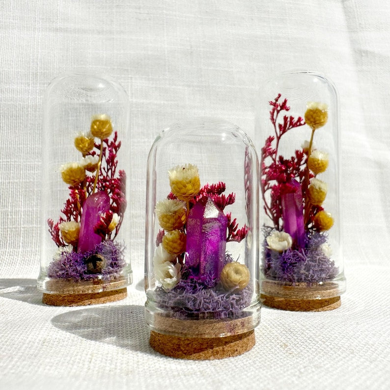 Glass Terrarium Diorama with Dried Florals and Quartz Crystal, Miniature Fairy Garden Desk Decor, 1.75 in and 2.75 in