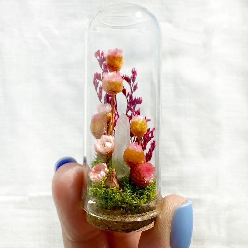 Glass Terrarium Diorama with Dried Florals and Quartz Crystal, Miniature Fairy Garden Desk Decor, 1.75 in and 2.75 in