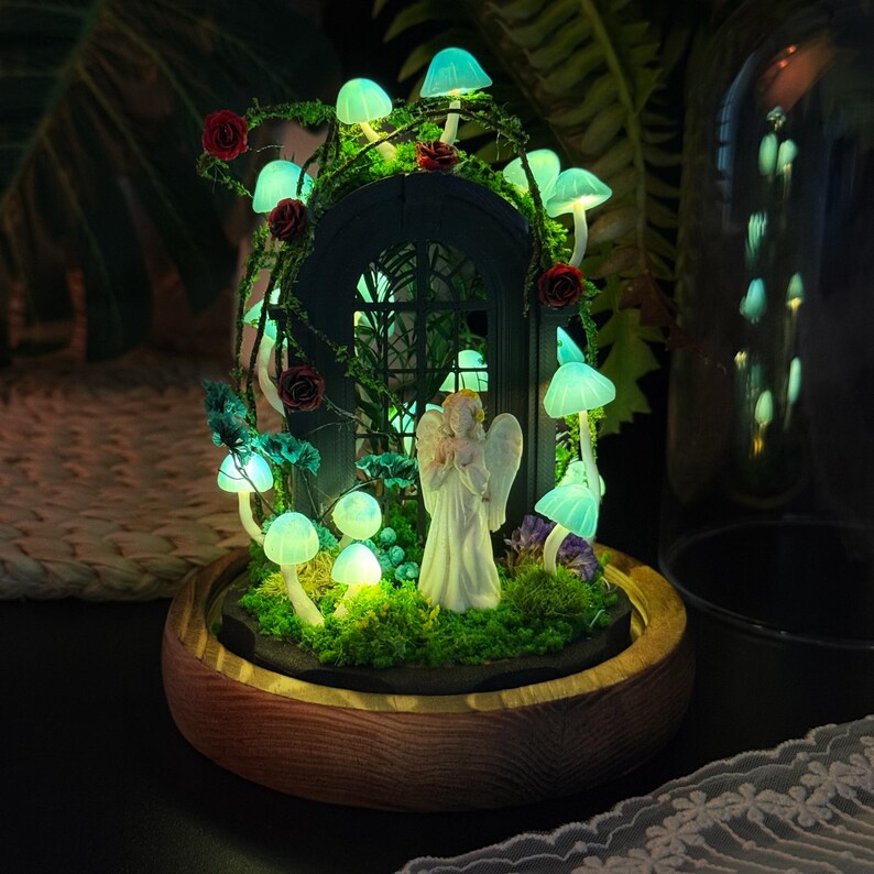 Blue Mushroom Night Light with Praying Angel, Gothic Forest Arch Design, Wood Glass Clay, 4.33x4.33x6.49 in