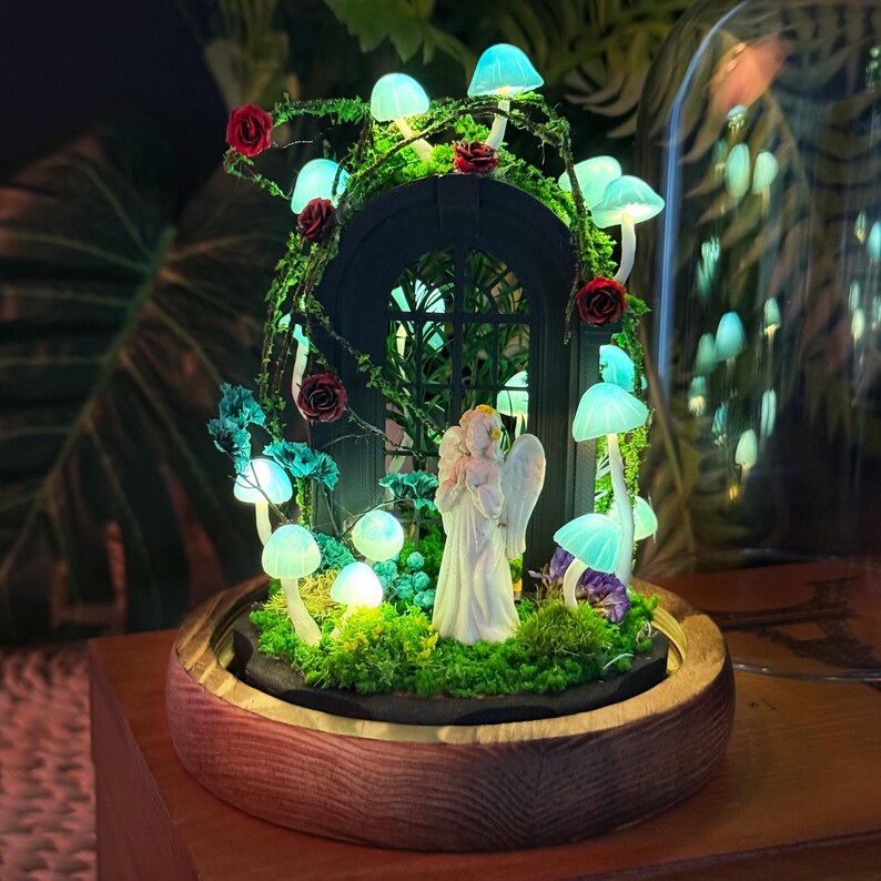 Blue Mushroom Night Light with Praying Angel, Gothic Forest Arch Design, Wood Glass Clay, 4.33x4.33x6.49 in