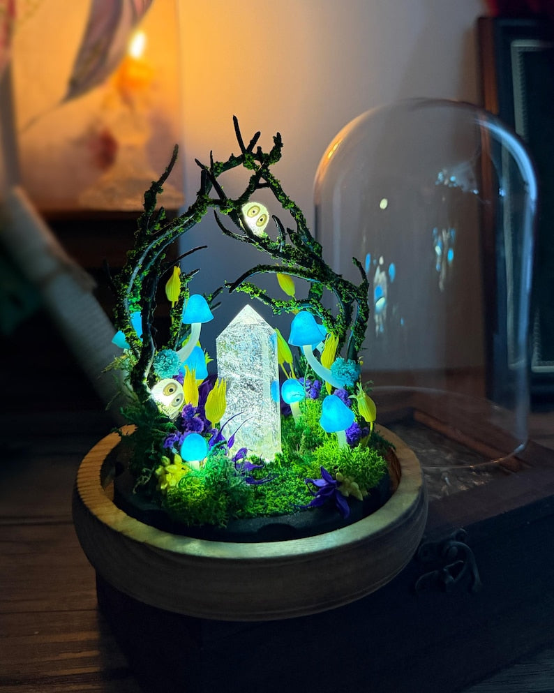 Handmade Blue Mushroom Lamp with Glowing Crystal Pillar, Forest Night Light, Wooden Base, Glass Dome, USB or Battery Powered