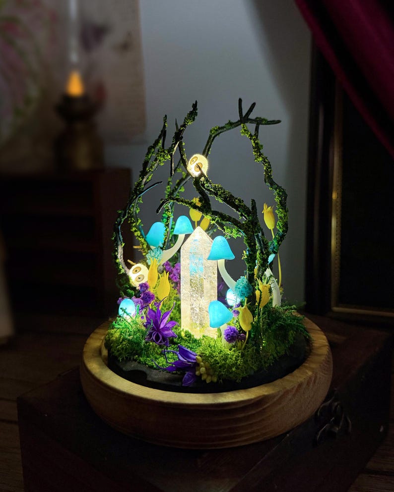 Handmade Blue Mushroom Lamp with Glowing Crystal Pillar, Forest Night Light, Wooden Base, Glass Dome, USB or Battery Powered
