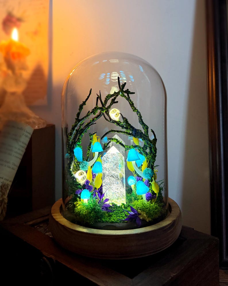 Handmade Blue Mushroom Lamp with Glowing Crystal Pillar, Forest Night Light, Wooden Base, Glass Dome, USB or Battery Powered