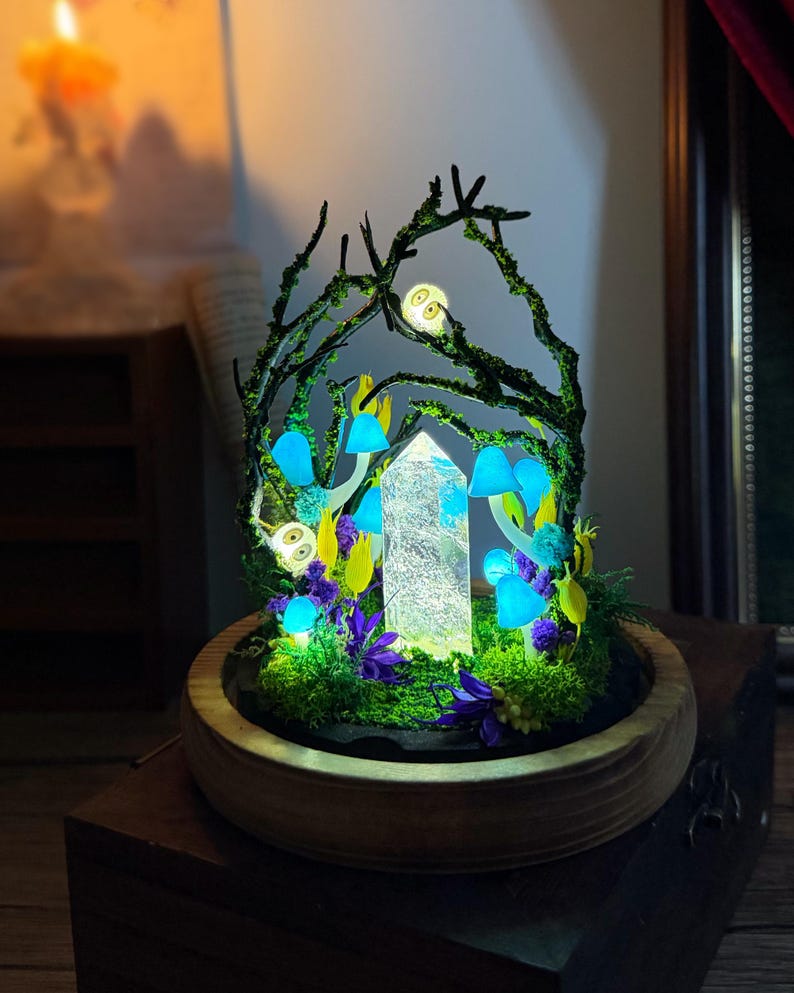Handmade Blue Mushroom Lamp with Glowing Crystal Pillar, Forest Night Light, Wooden Base, Glass Dome, USB or Battery Powered