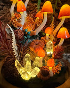 Mushroom Night Light with Glowing Crystals, Glass Dome & Wooden Base, Autumn Fairy Lamp, 4.7x4.7x6.7 in