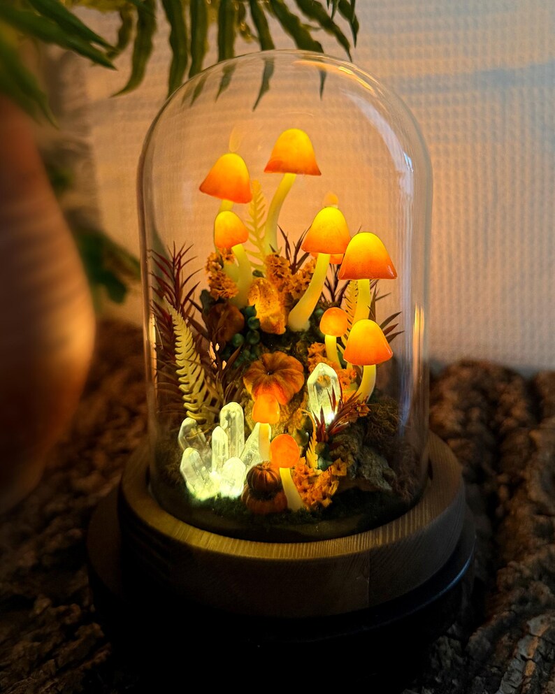 Mushroom Night Light with Glowing Crystals, Glass Dome & Wooden Base, Autumn Fairy Lamp, 4.7x4.7x6.7 in